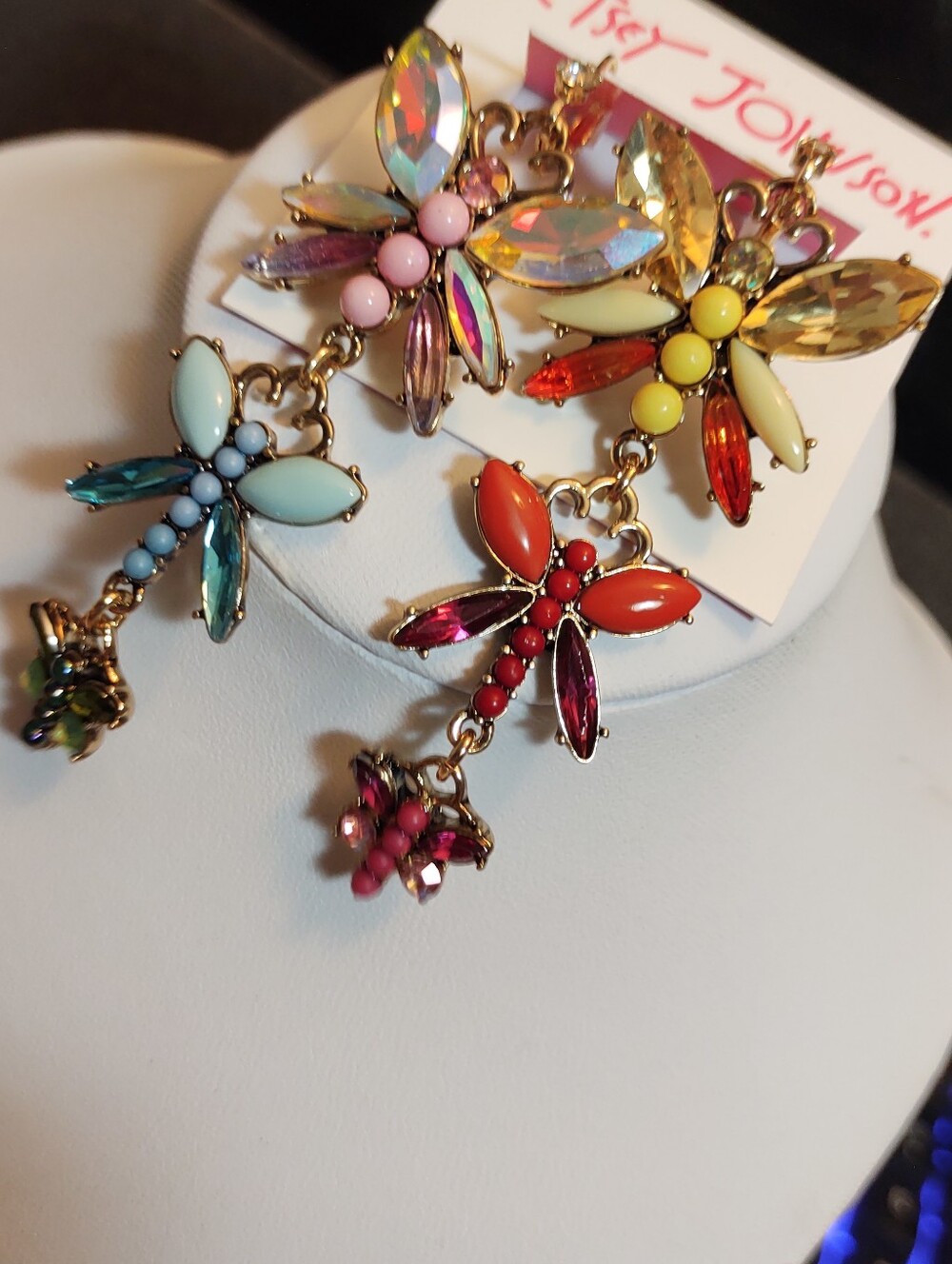 Betsey Johnson Multicolor Dragonfly Drop Earrings - Colorful Crystal Statement - Picture 4 of 5
